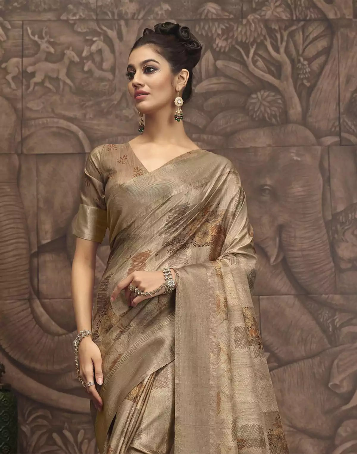 Image of Brown Malai Silk Fancy Saree