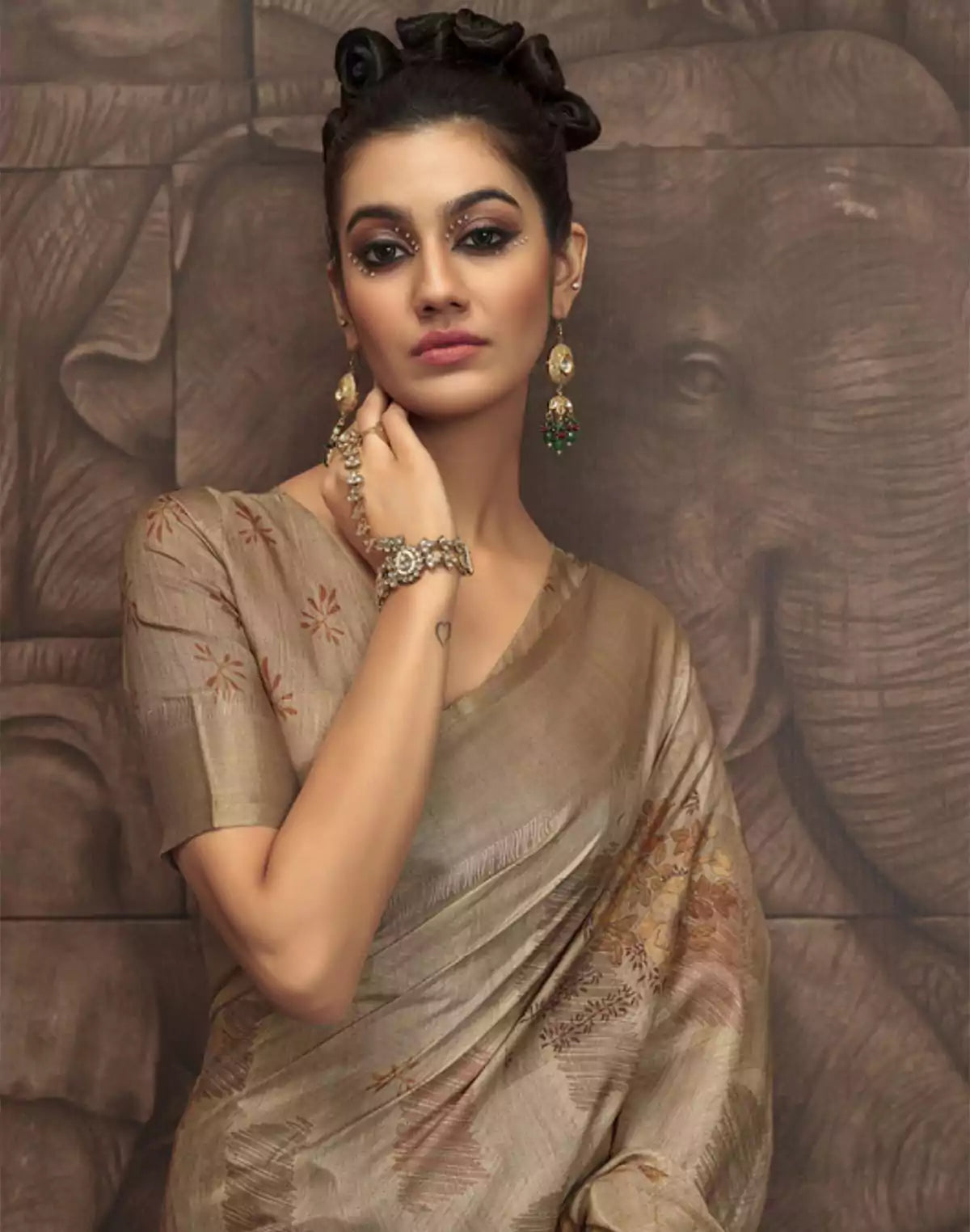 Image of Brown Malai Silk Fancy Saree
