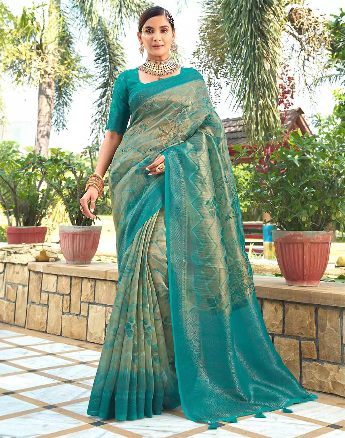 Image of Sea Green Chevron Pattern Tissue Saree