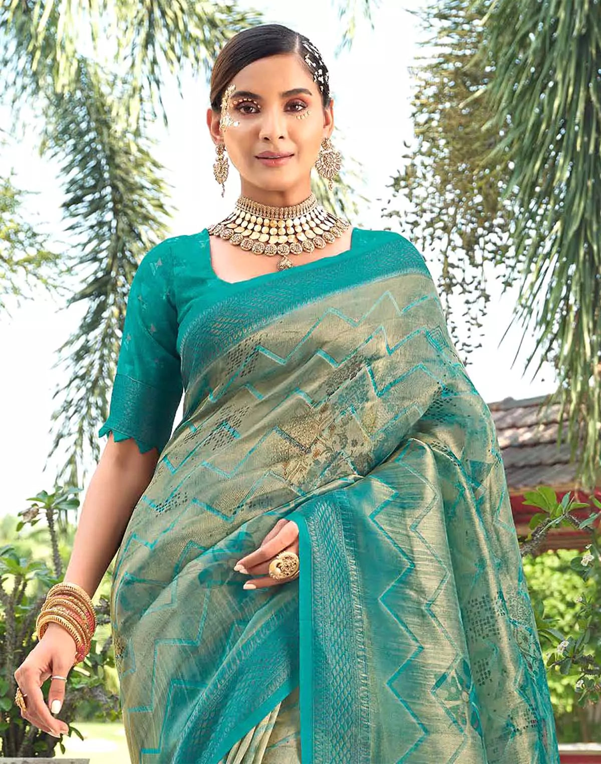 Image of Sea Green Chevron Pattern Tissue Saree