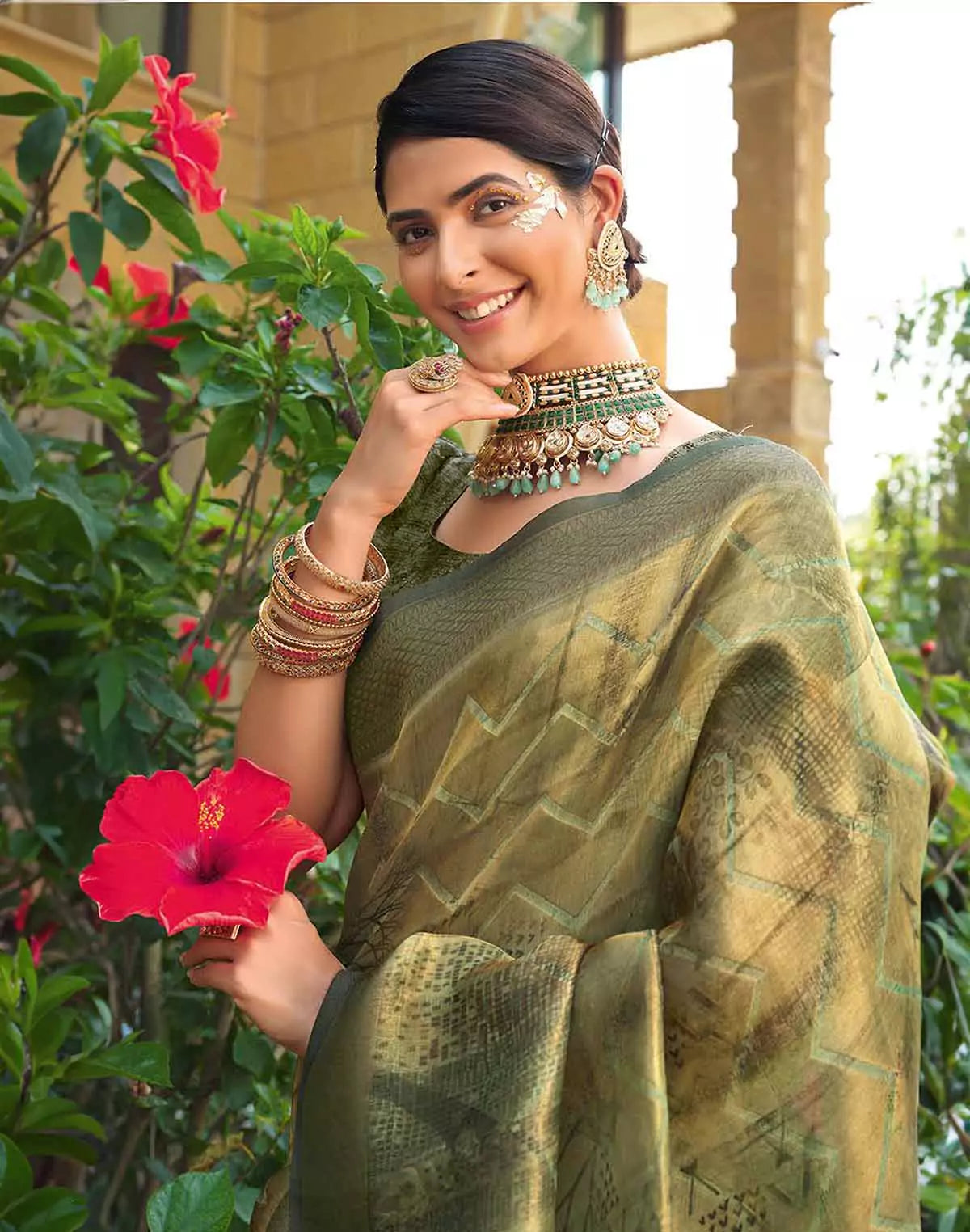 Image of Mehendi Green Tissue Designer Saree