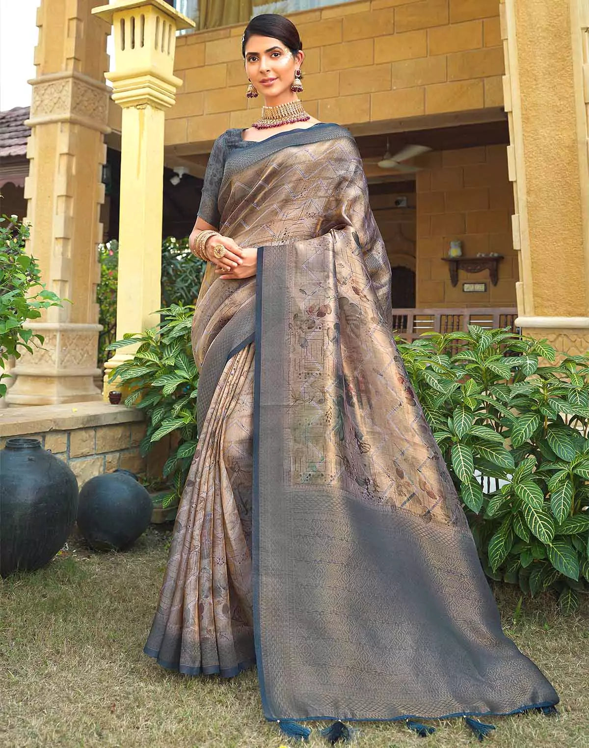 Image of Elegant Light Beige Colour Tissue Saree