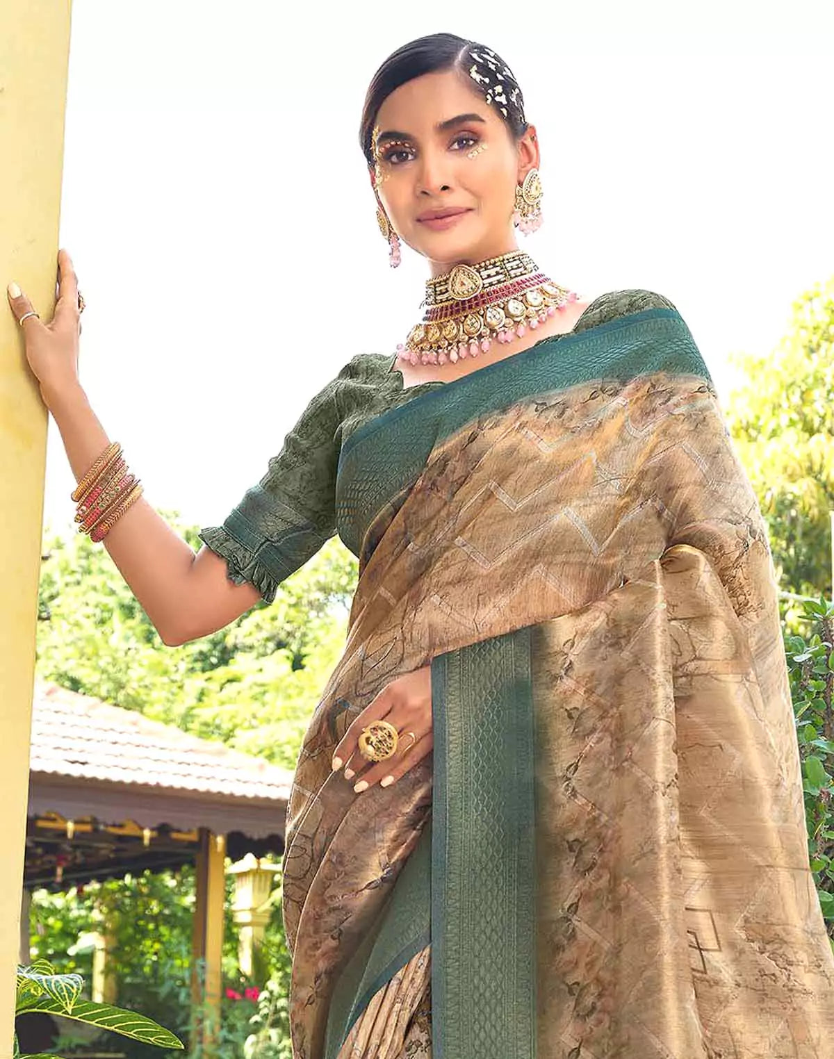 Image of Light Orange Chevron Tissue Contrast Border Saree