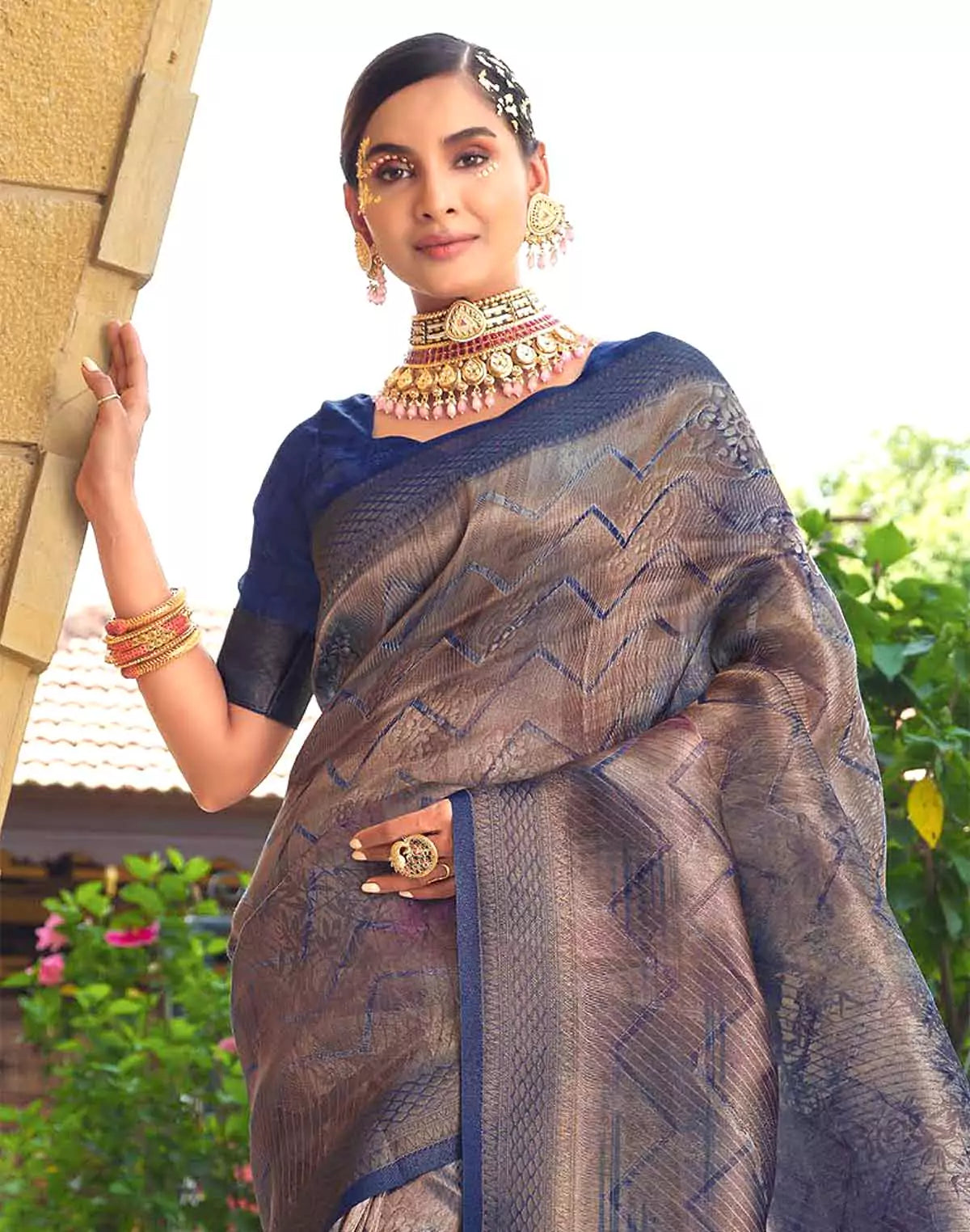 Image of Blue Soft Tissue Saree with Unstitched Blouse