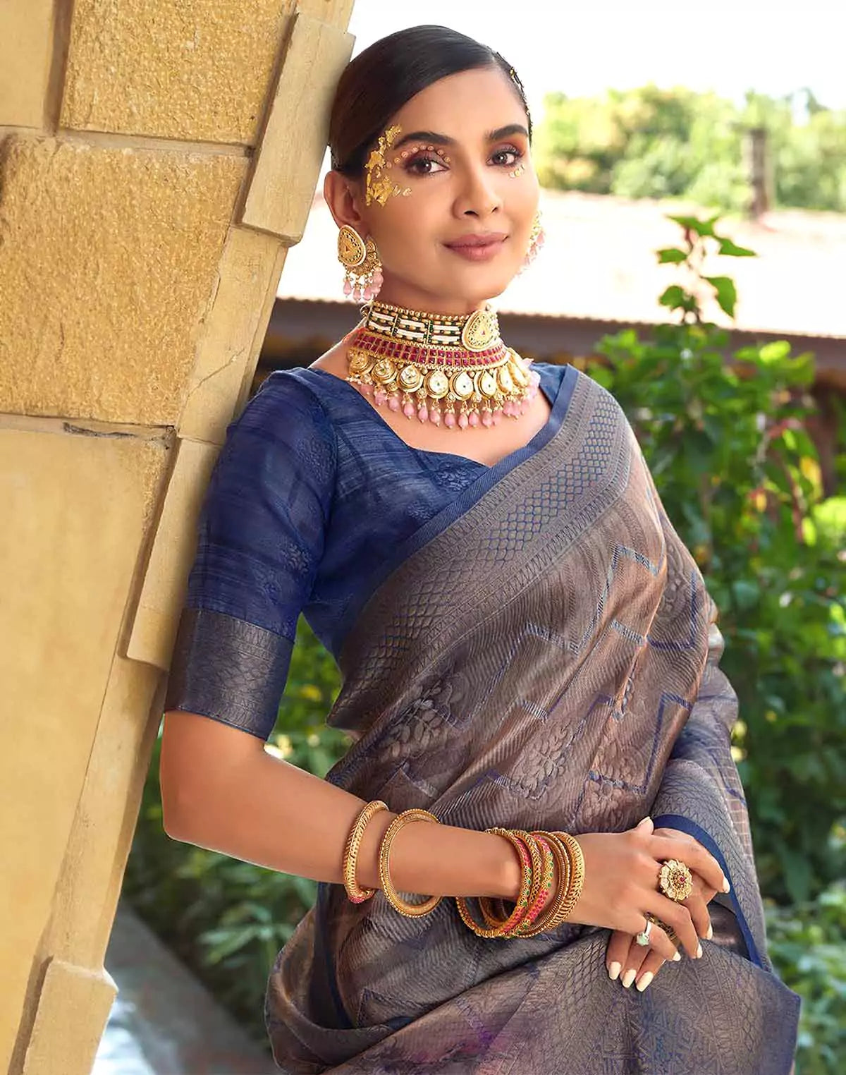 Image of Blue Soft Tissue Saree with Unstitched Blouse