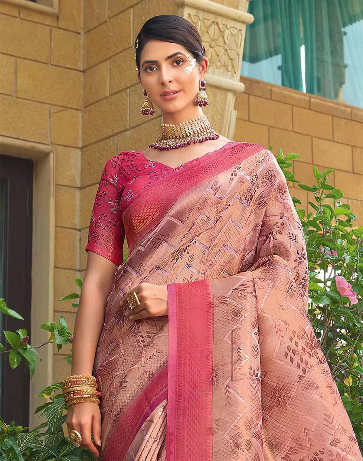 Image of Light Peach Chevron Pattern Tissue Saree with Contrast Blouse