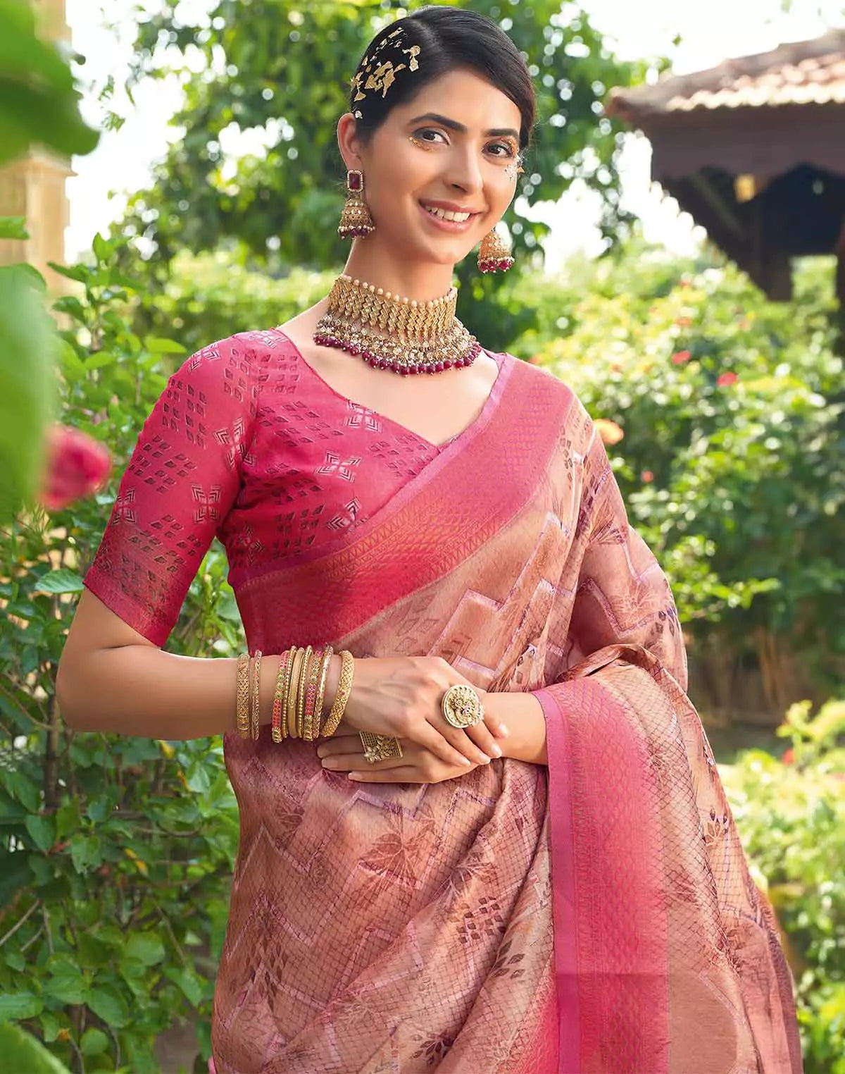 Image of Light Peach Chevron Pattern Tissue Saree with Contrast Blouse