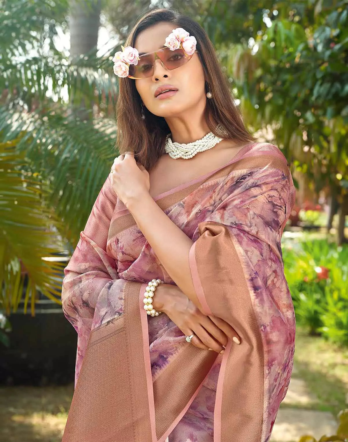 Image of Light Pink Graphic Design Organza Saree