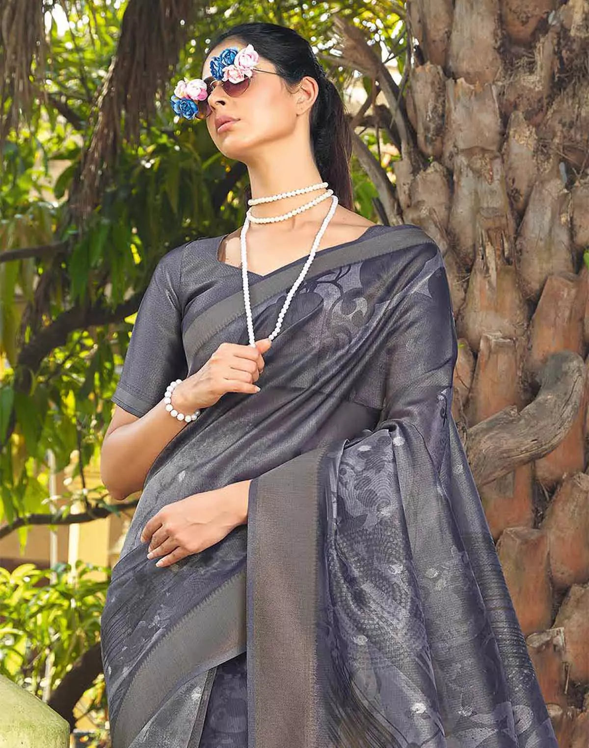 Image of Grey Coloured Organza Saree