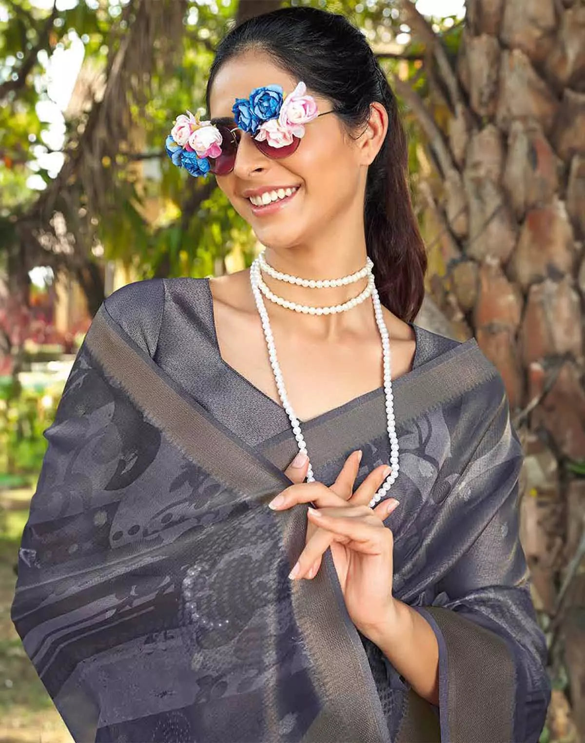Image of Grey Coloured Organza Saree