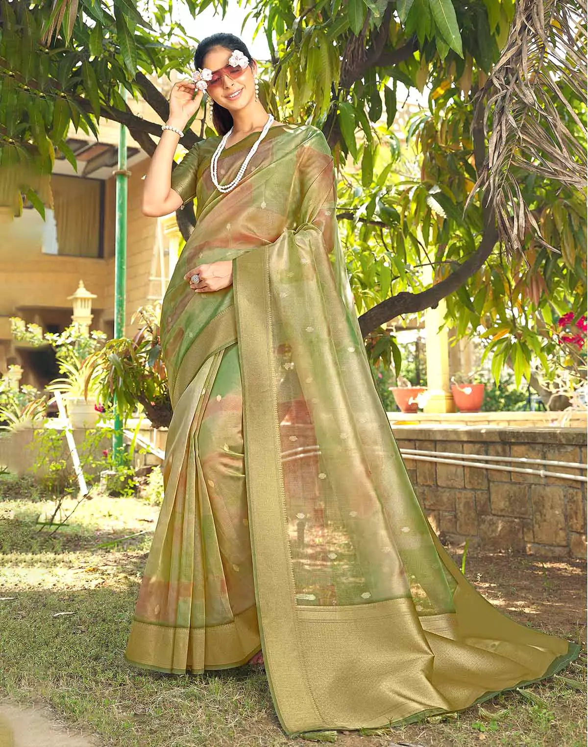 Image of Green Graphic Design Organza Fancy Saree