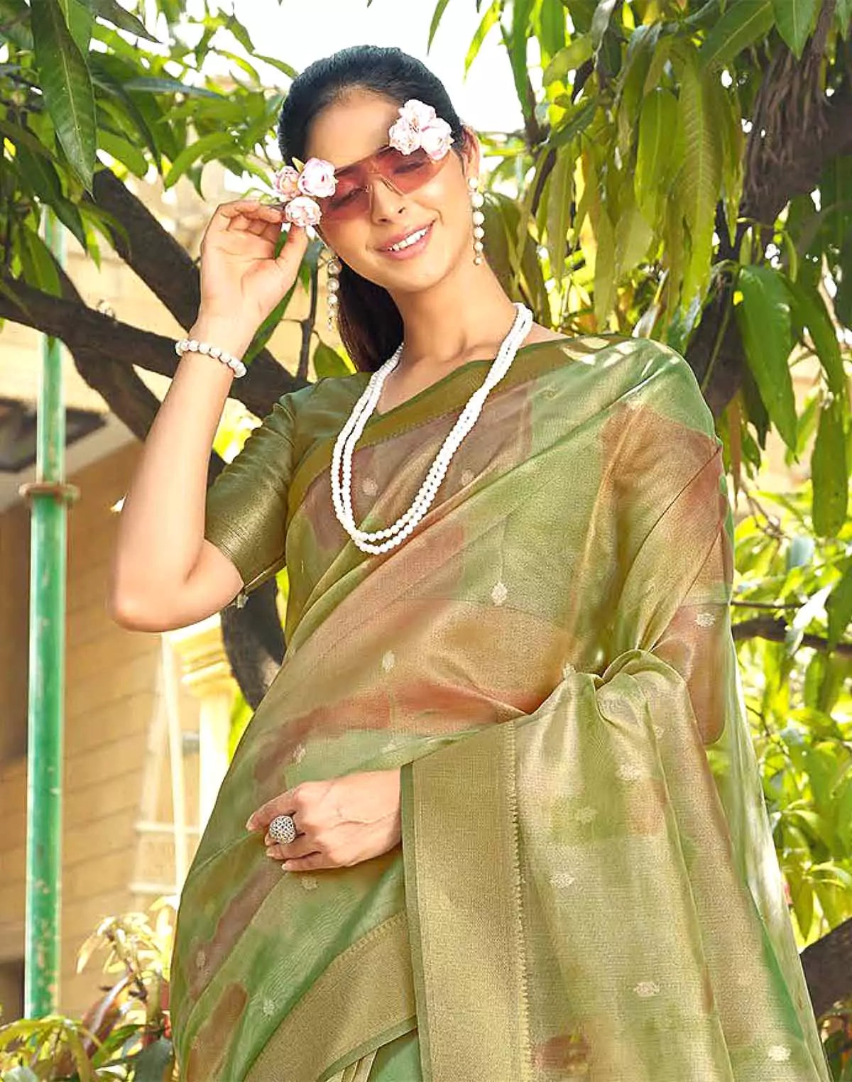 Image of Green Graphic Design Organza Fancy Saree