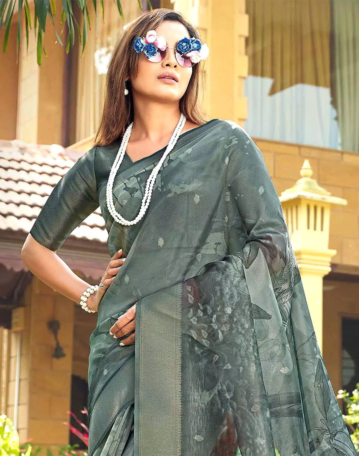 Image of Trendy Ash Color Organza Saree