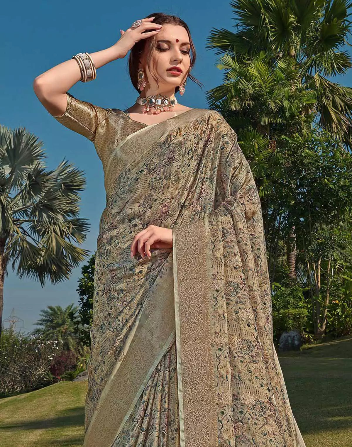 Image of Beige Coloured Soft Silk Floral Pattern Saree