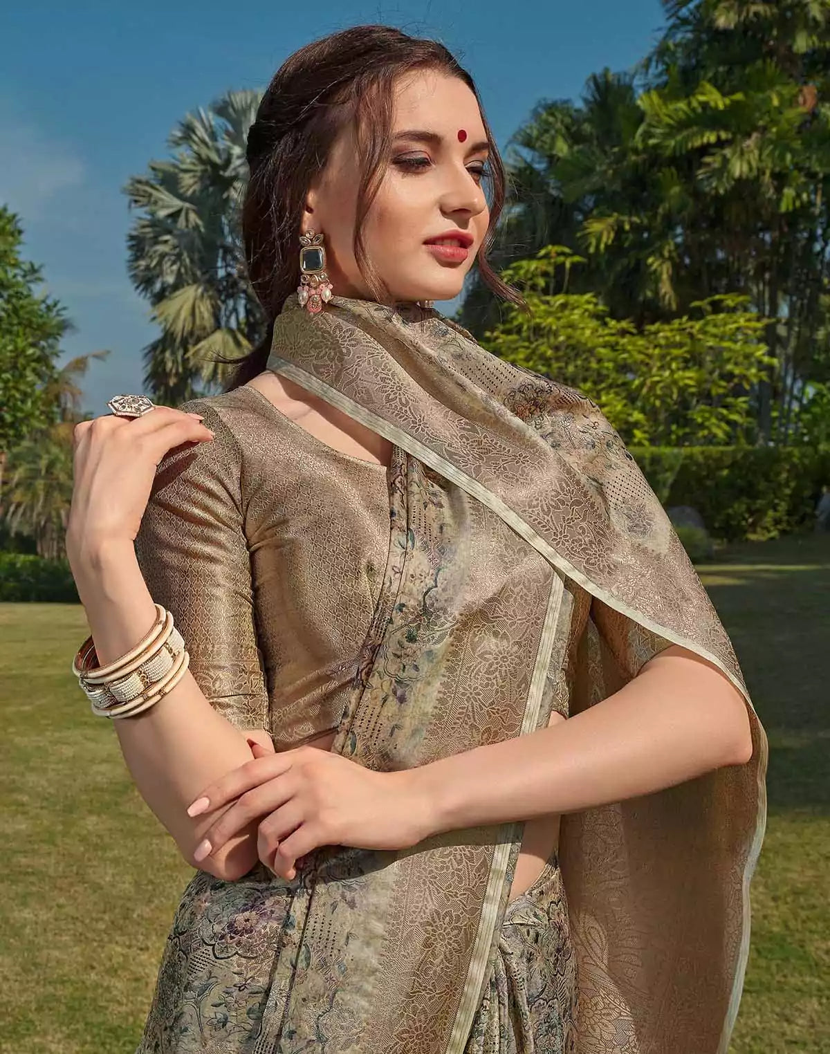 Image of Beige Coloured Soft Silk Floral Pattern Saree