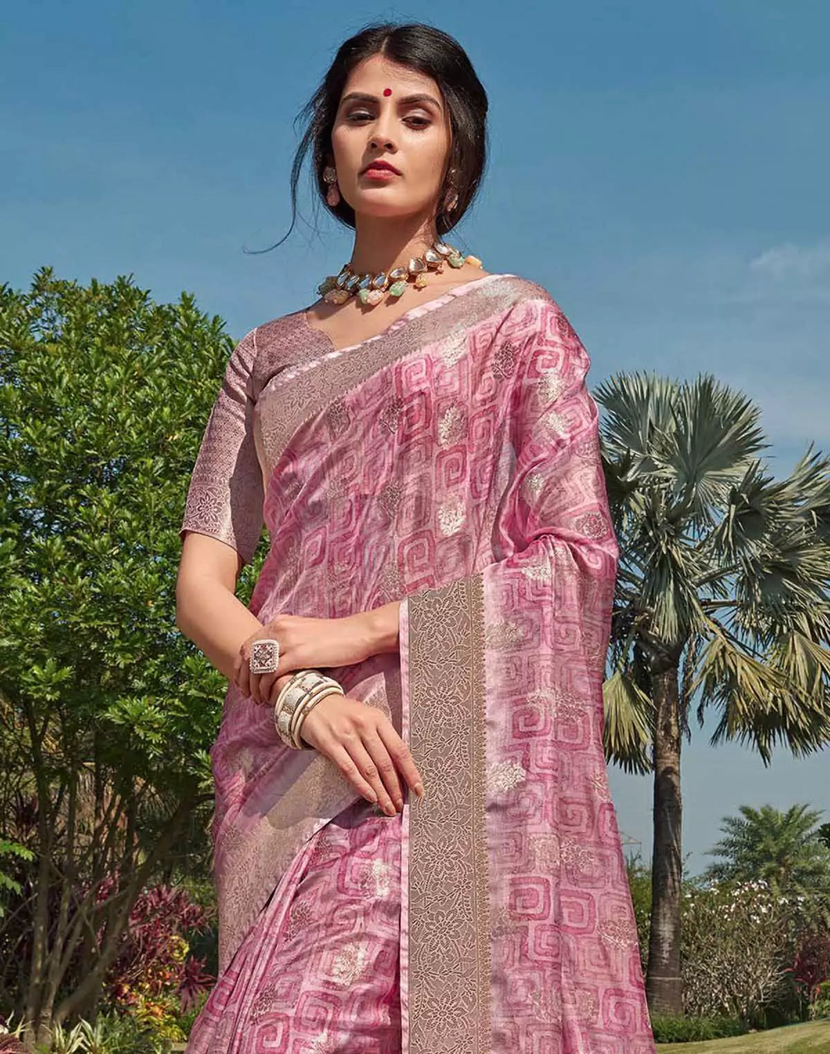 Image of Exceptional Pink Floral Butta's Soft Silk Saree