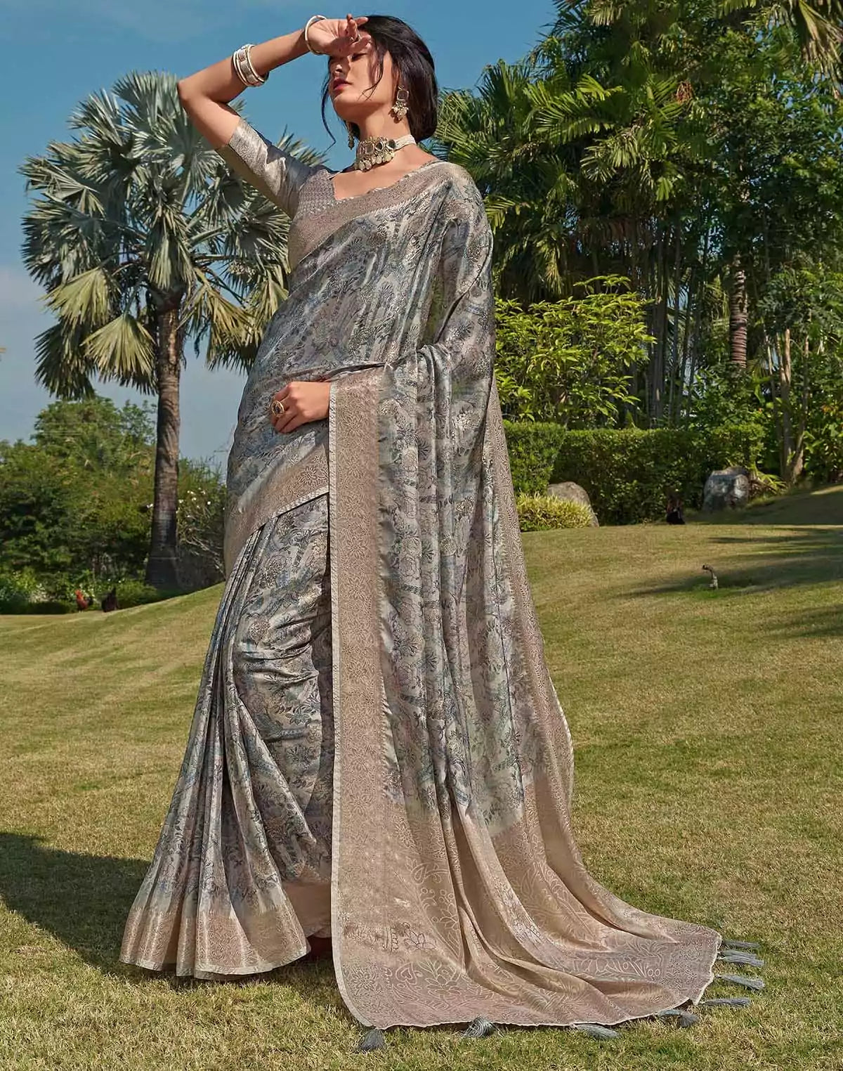 Image of Pastel Grey Floral Soft Silk Saree