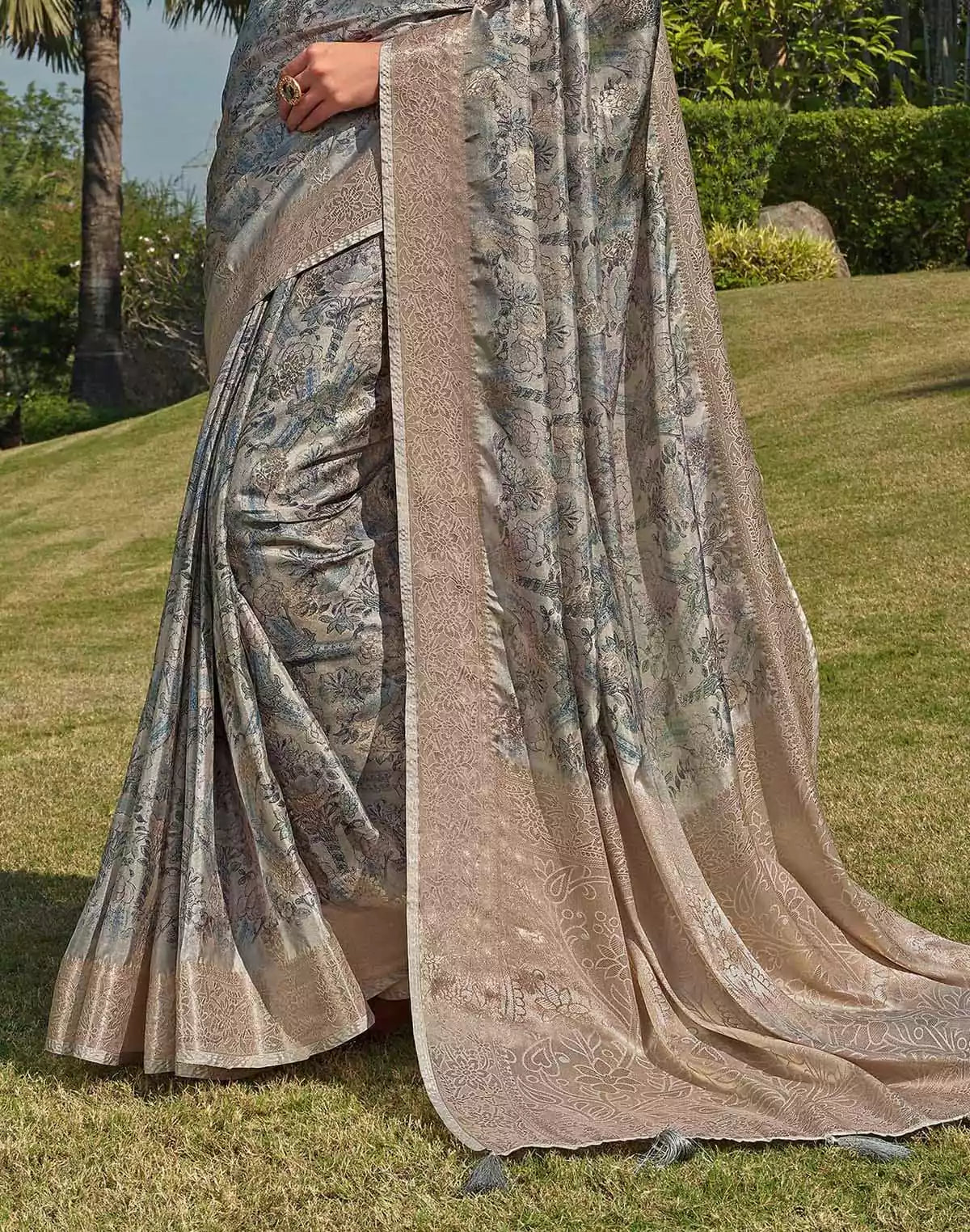 Image of Pastel Grey Floral Soft Silk Saree