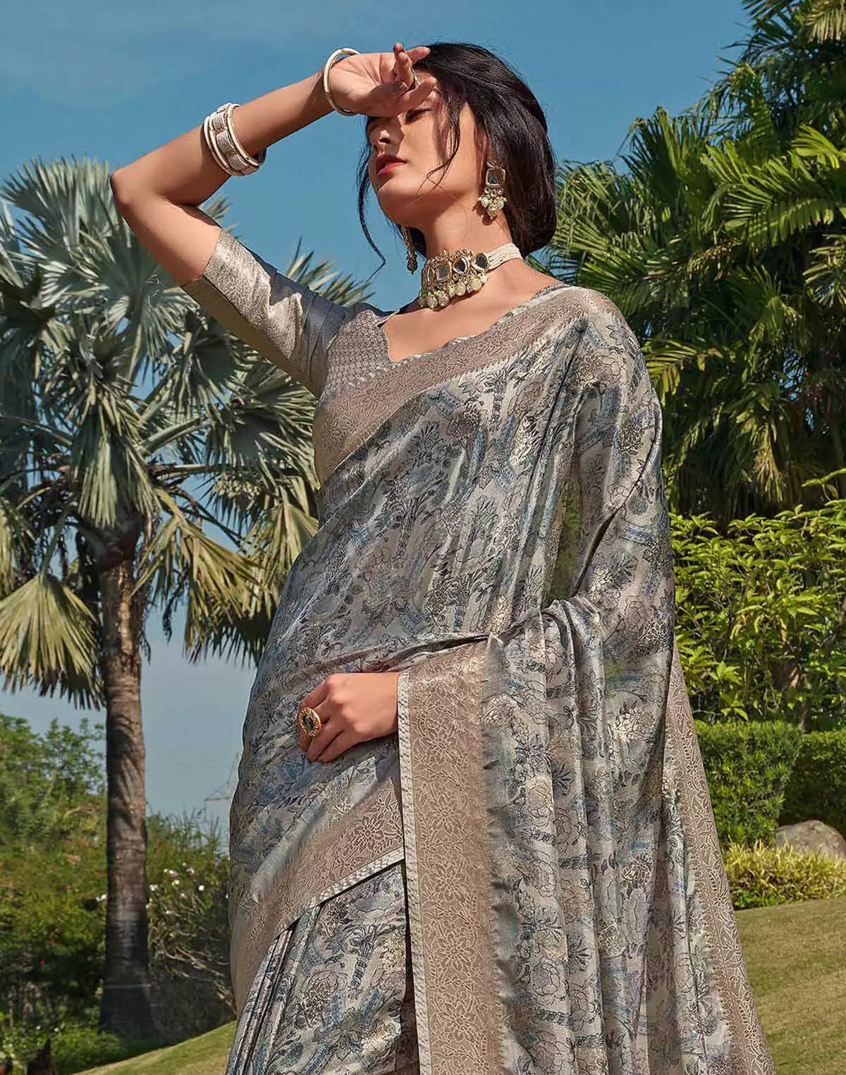 Image of Pastel Grey Floral Soft Silk Saree