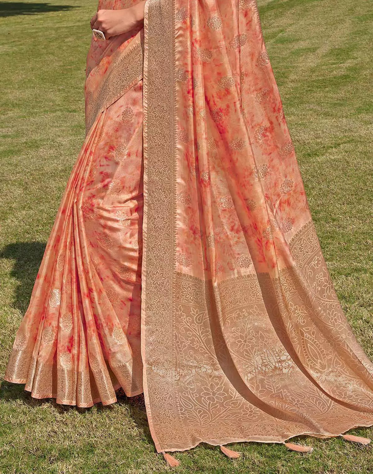 Image of Floral Pattern Orange Colour Soft Silk Saree