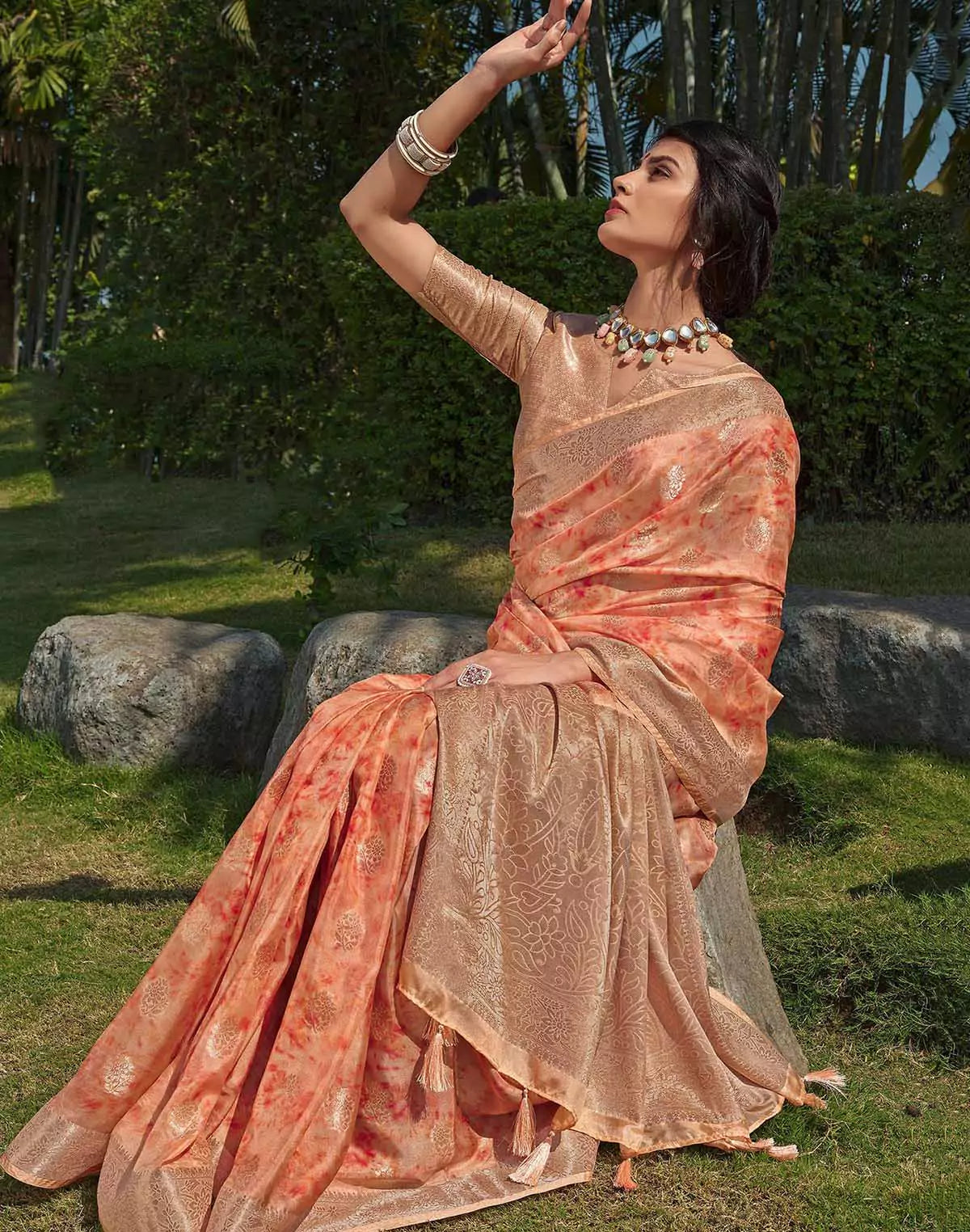 Image of Floral Pattern Orange Colour Soft Silk Saree