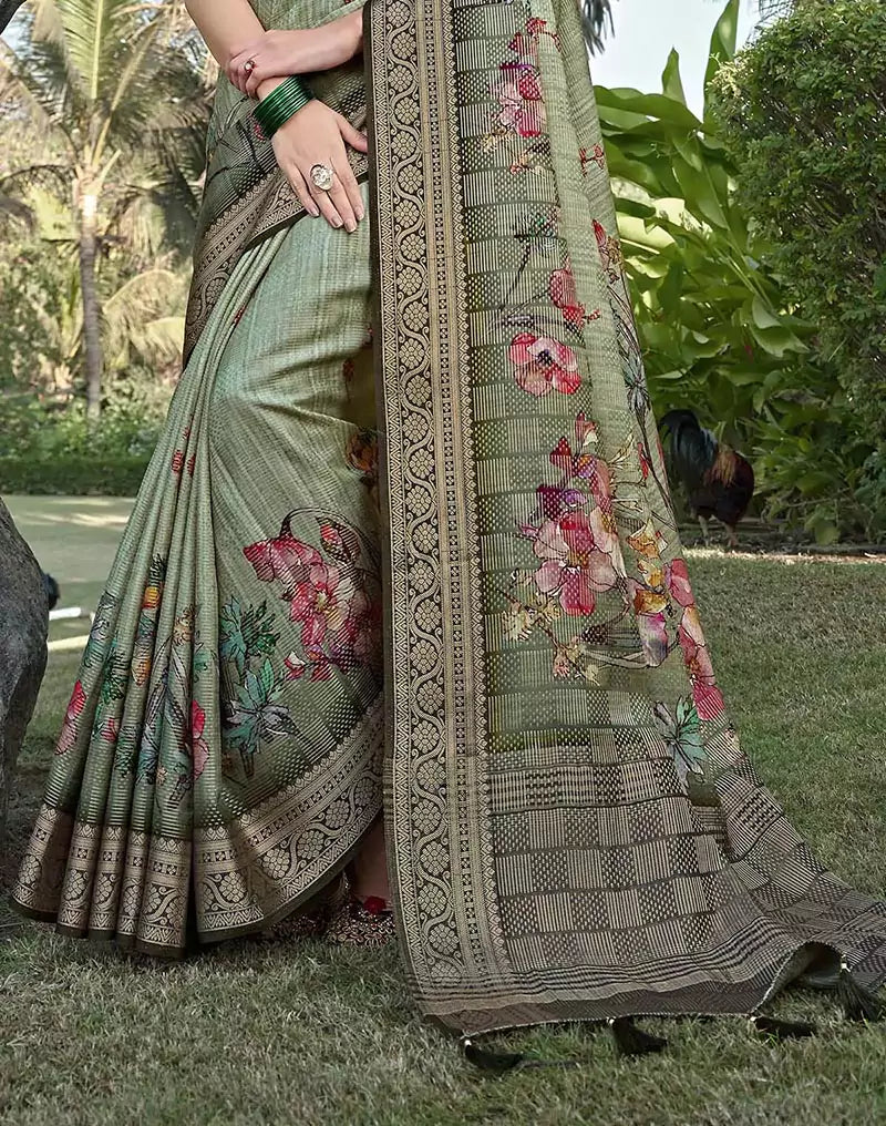 Image of Light Green Digital Floral Print Dola Silk Saree