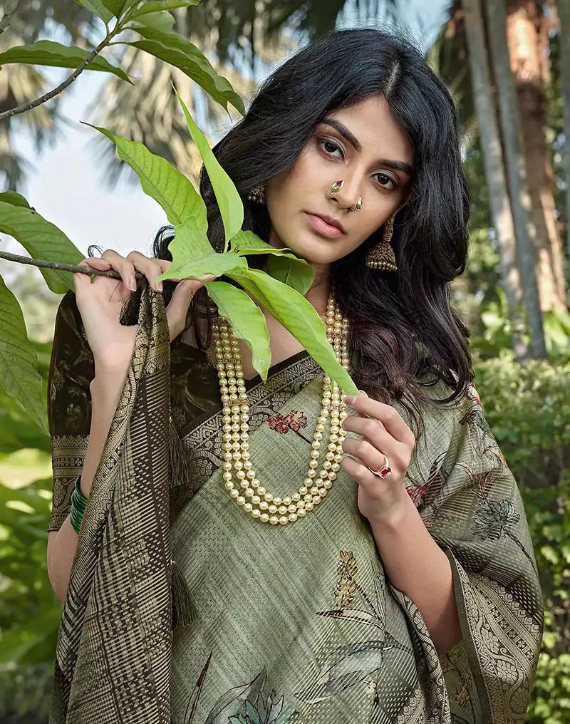 Image of Light Green Digital Floral Print Dola Silk Saree