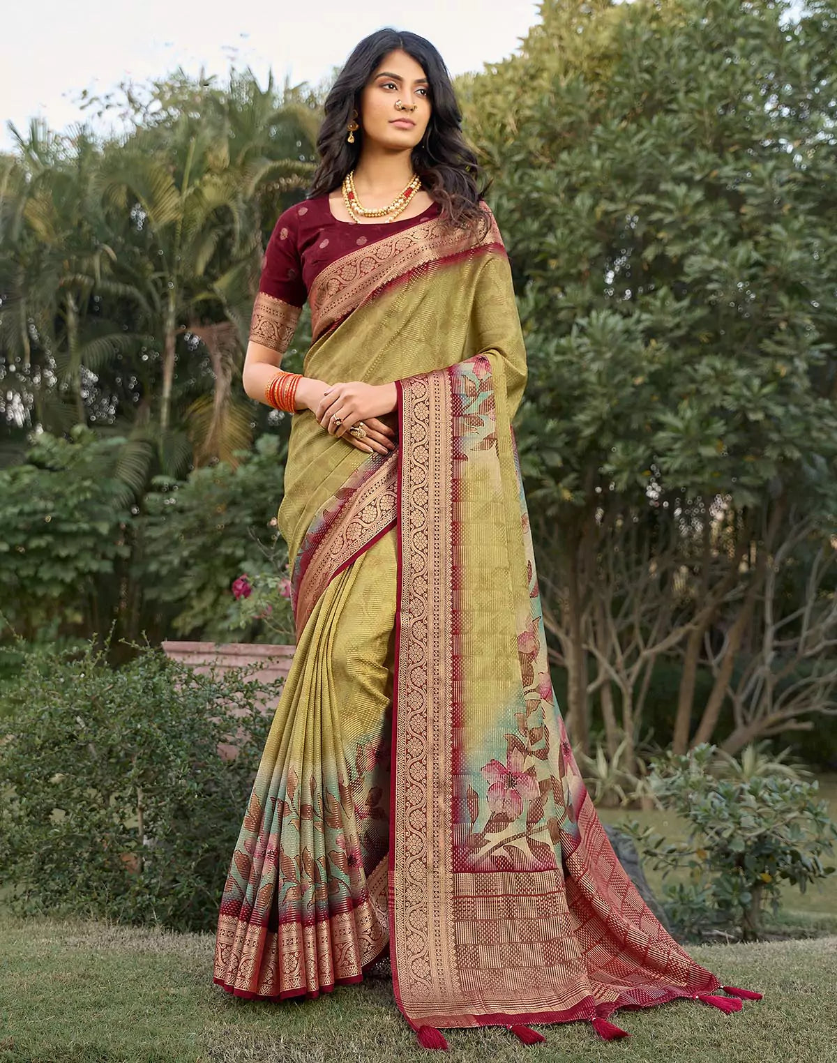 Image of Light Yellow smooth Dola Silk Floral Print Saree