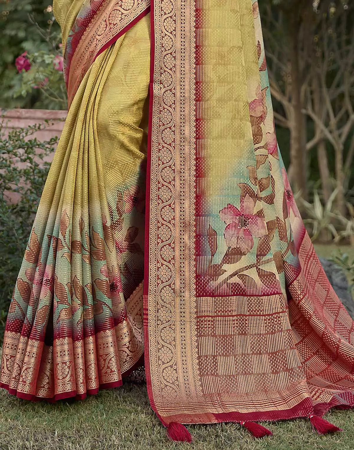 Image of Light Yellow smooth Dola Silk Floral Print Saree