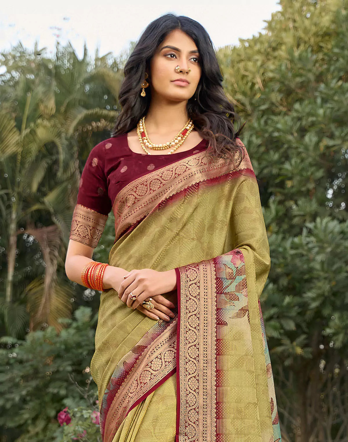 Image of Light Yellow smooth Dola Silk Floral Print Saree