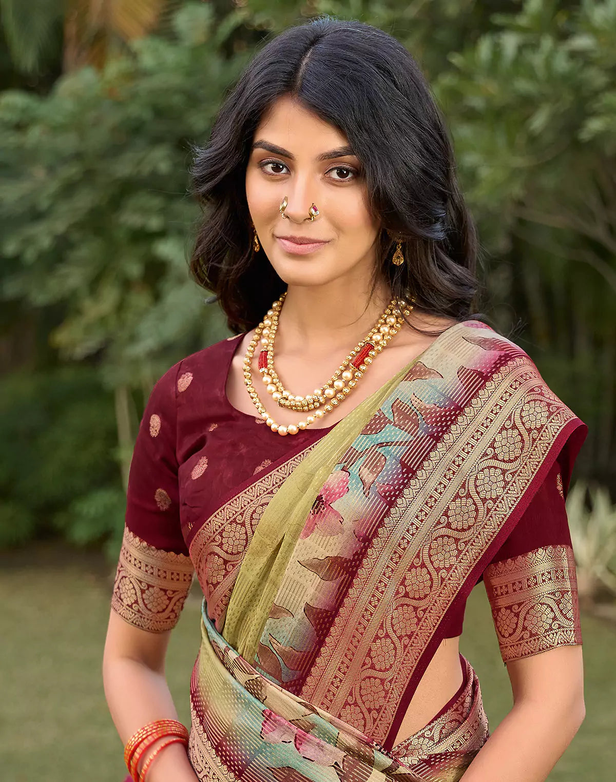 Image of Light Yellow smooth Dola Silk Floral Print Saree