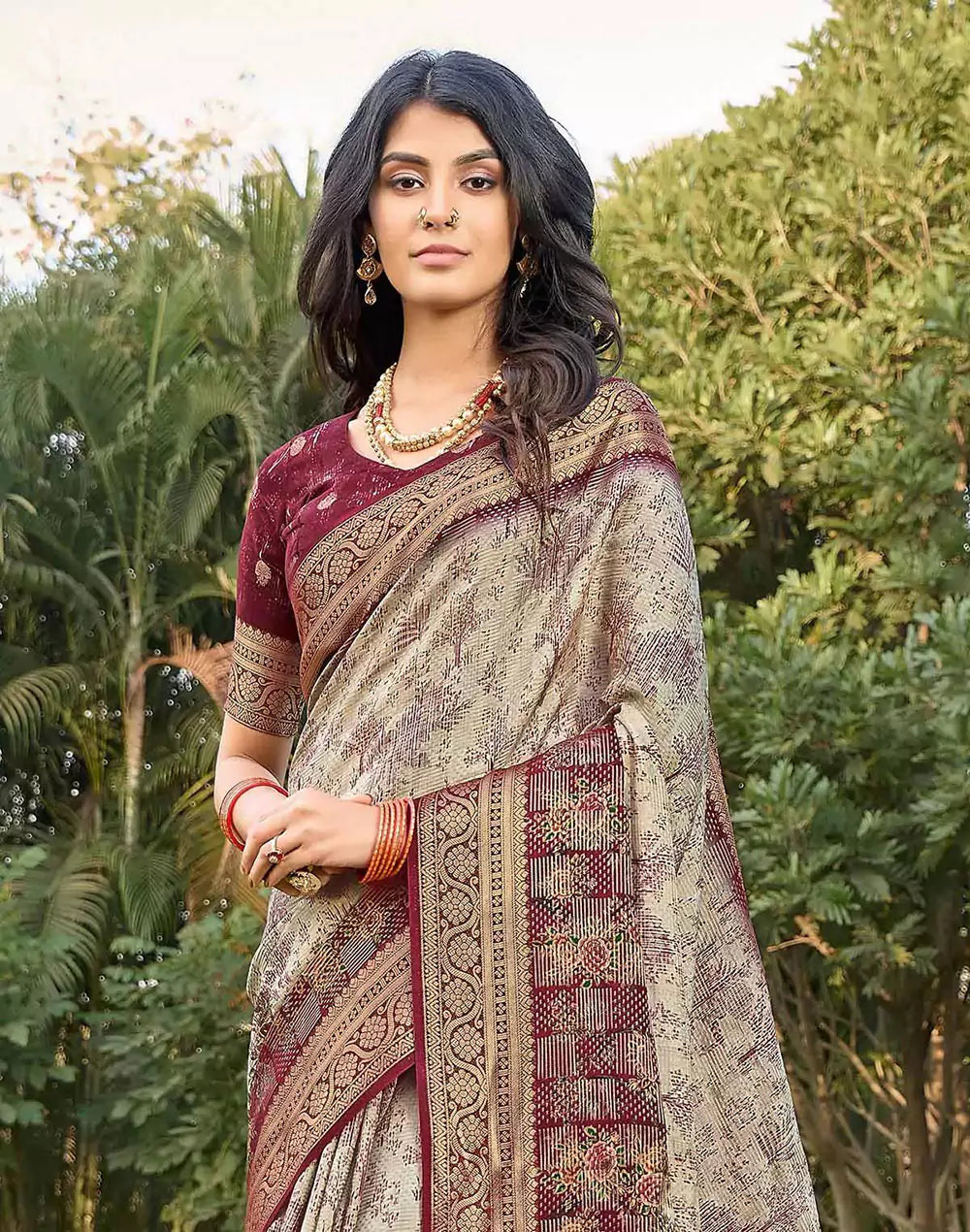 Image of Digital Floral Print Beige Colour Dola Silk Saree