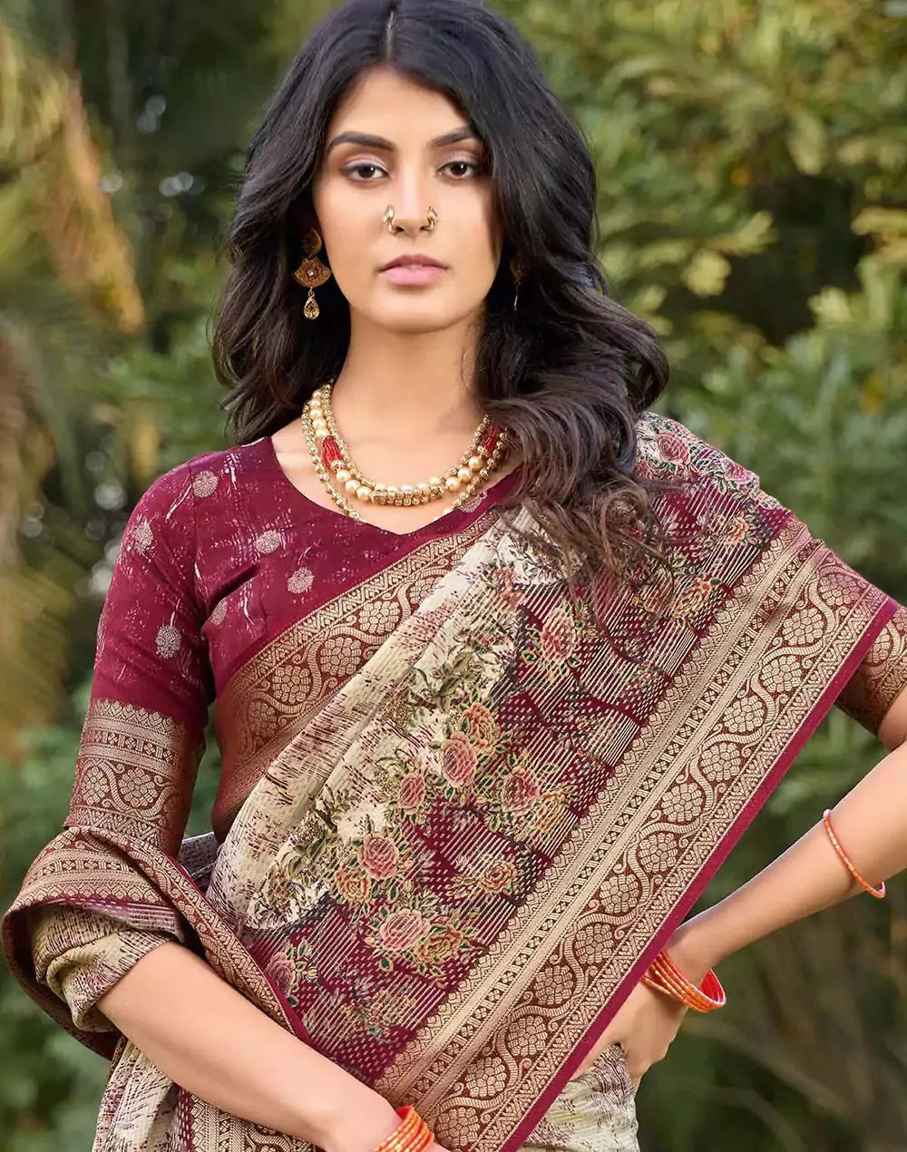 Image of Digital Floral Print Beige Colour Dola Silk Saree