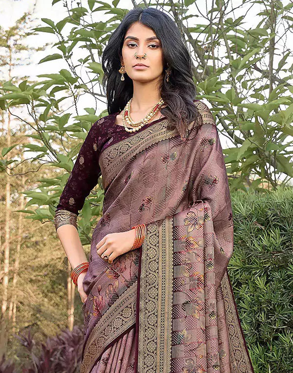Image of Light Pink Floral Print Dola Silk Saree