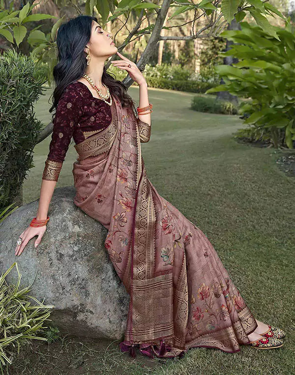 Image of Light Pink Floral Print Dola Silk Saree