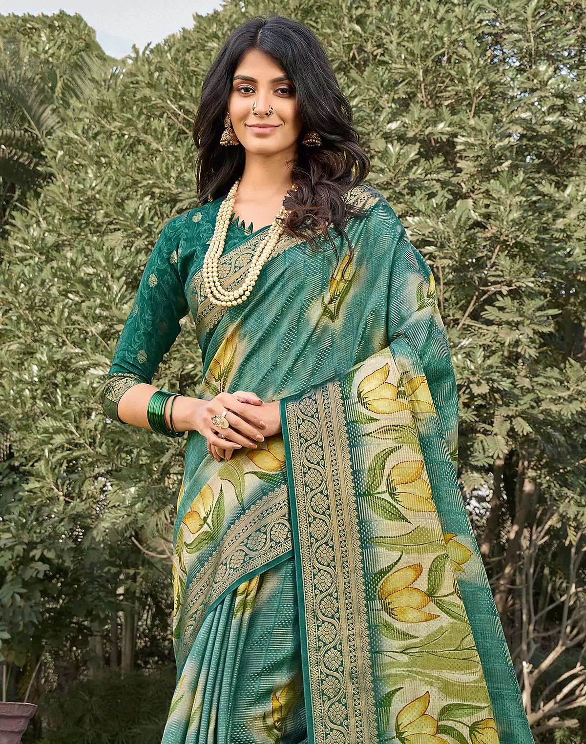 Image of Rama Green Floral Digital Print Soft Dola Silk Saree