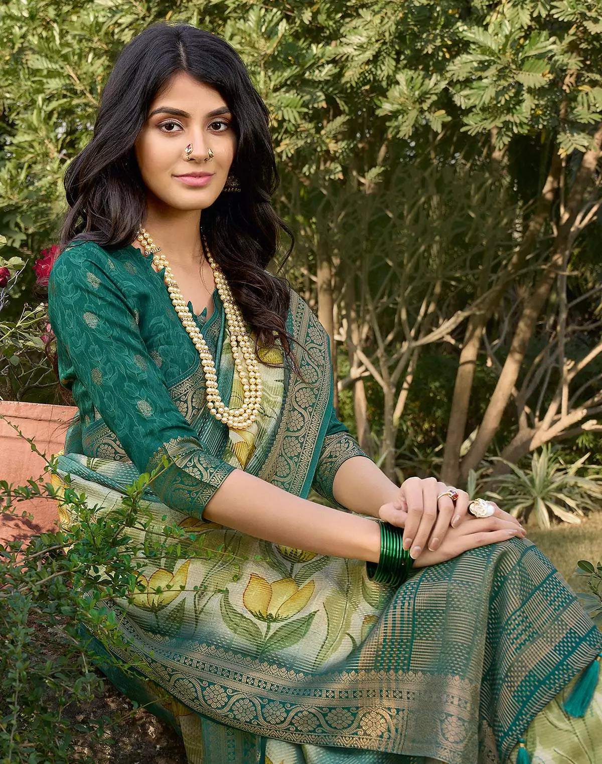 Image of Rama Green Floral Digital Print Soft Dola Silk Saree