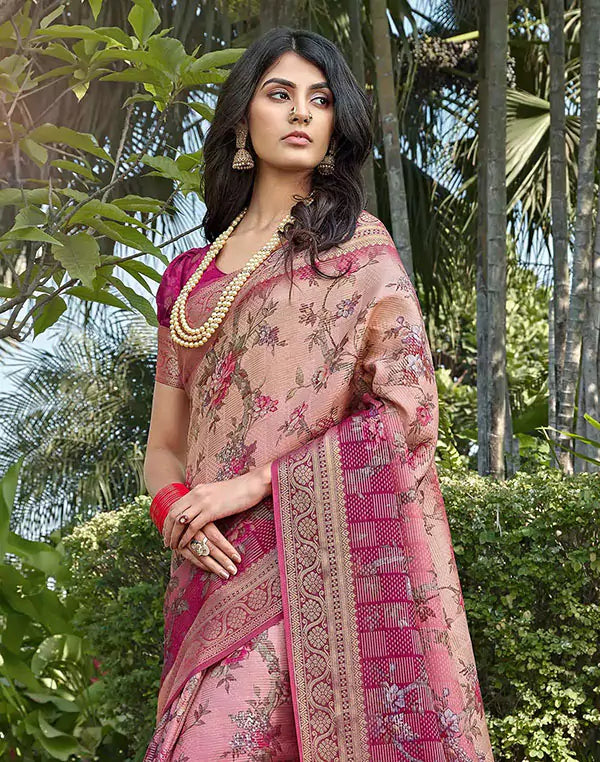 Image of Light Pink all over Floral design Dola Silk Saree