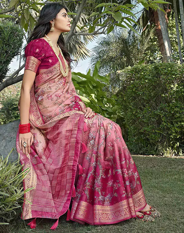 Image of Light Pink all over Floral design Dola Silk Saree