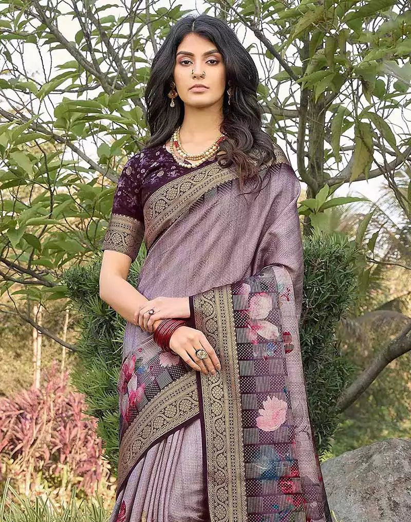 Image of Light Purple Floral Motifs Dola Silk Classic Saree