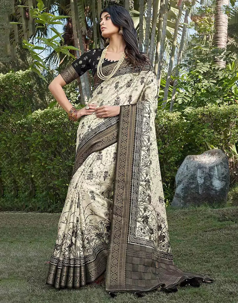 Image of Off White Floral bunches Soft Dola Silk Saree