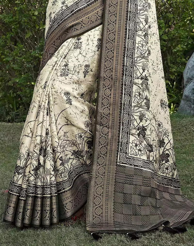 Image of Off White Floral bunches Soft Dola Silk Saree