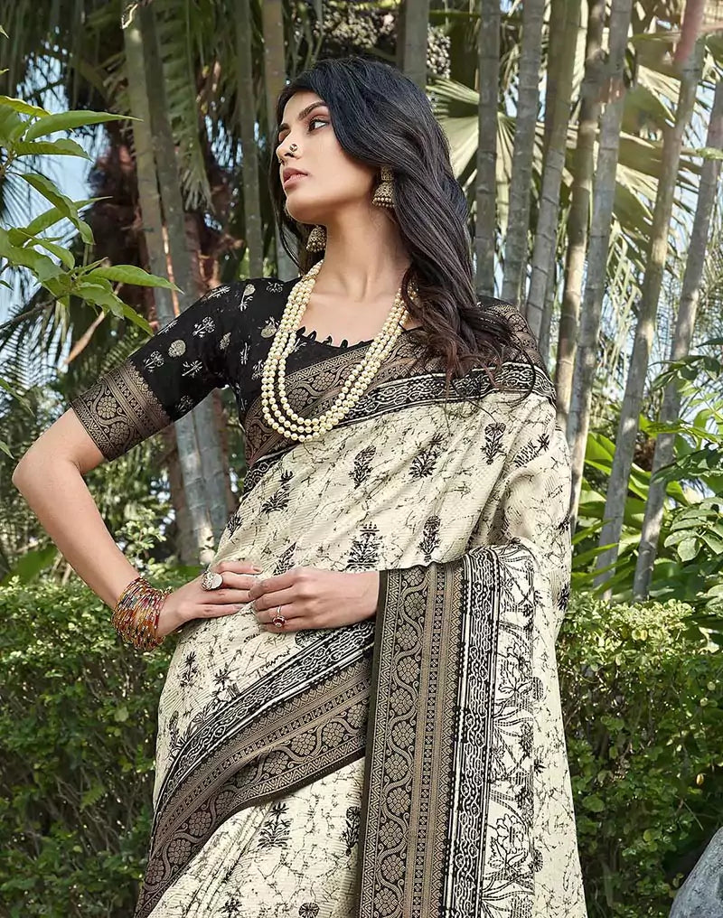 Image of Off White Floral bunches Soft Dola Silk Saree