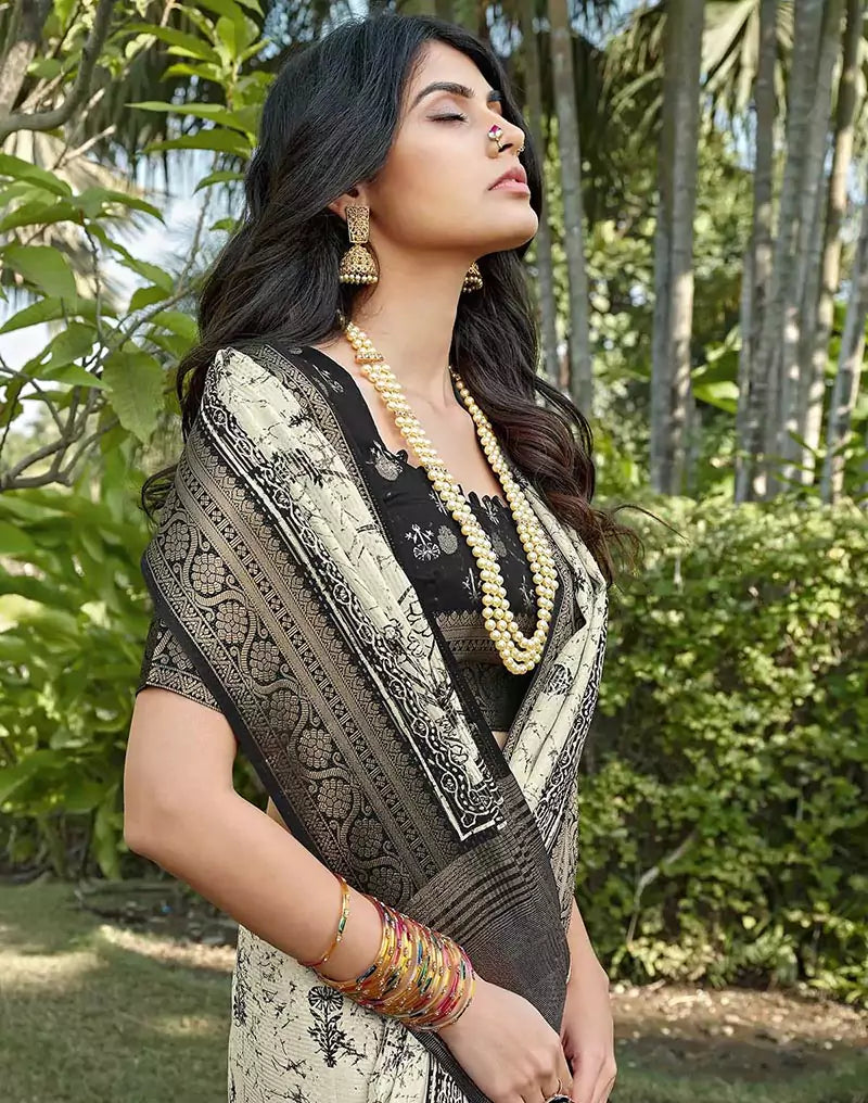 Image of Off White Floral bunches Soft Dola Silk Saree