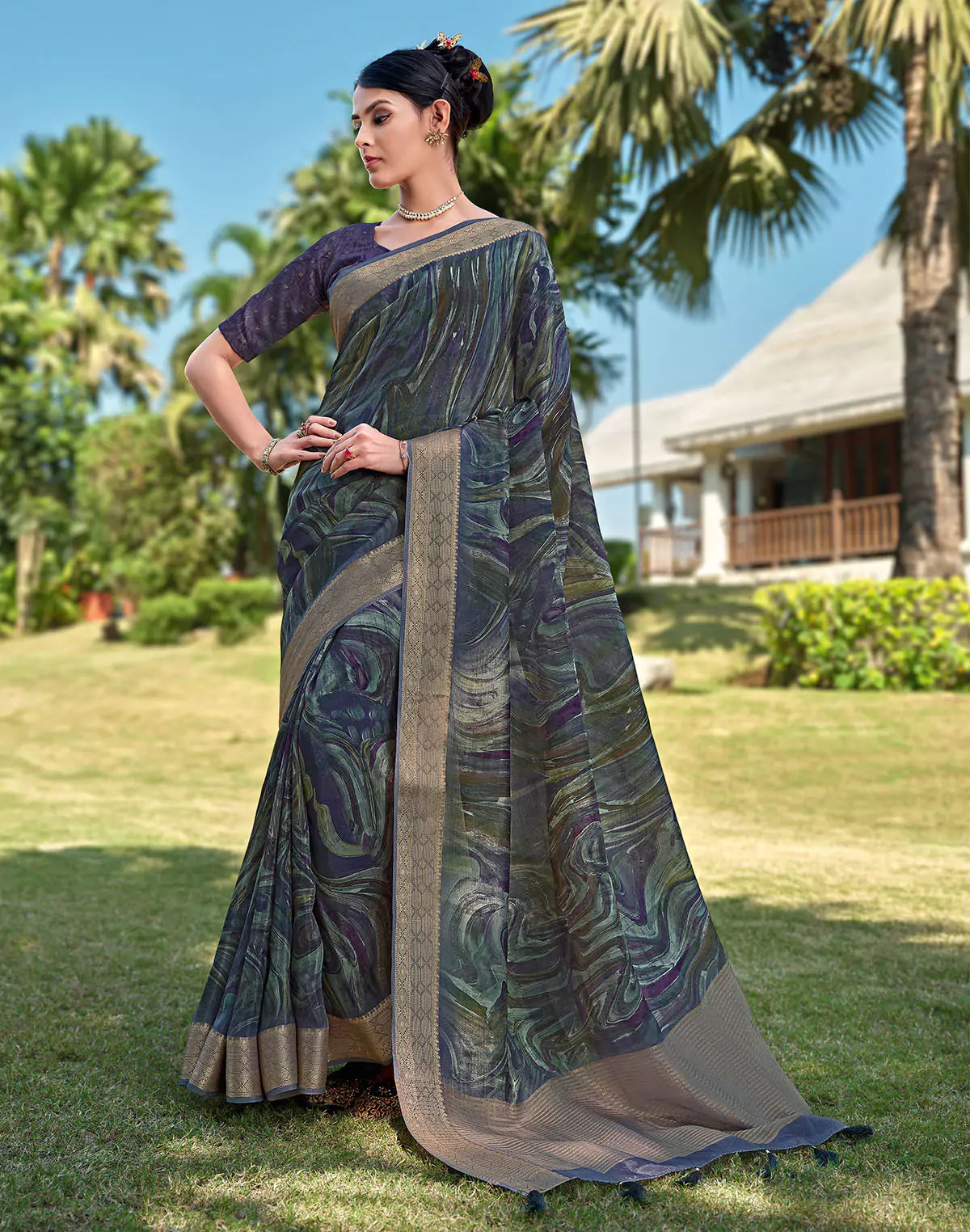 Image of Blue Graphic design Dola Silk Saree