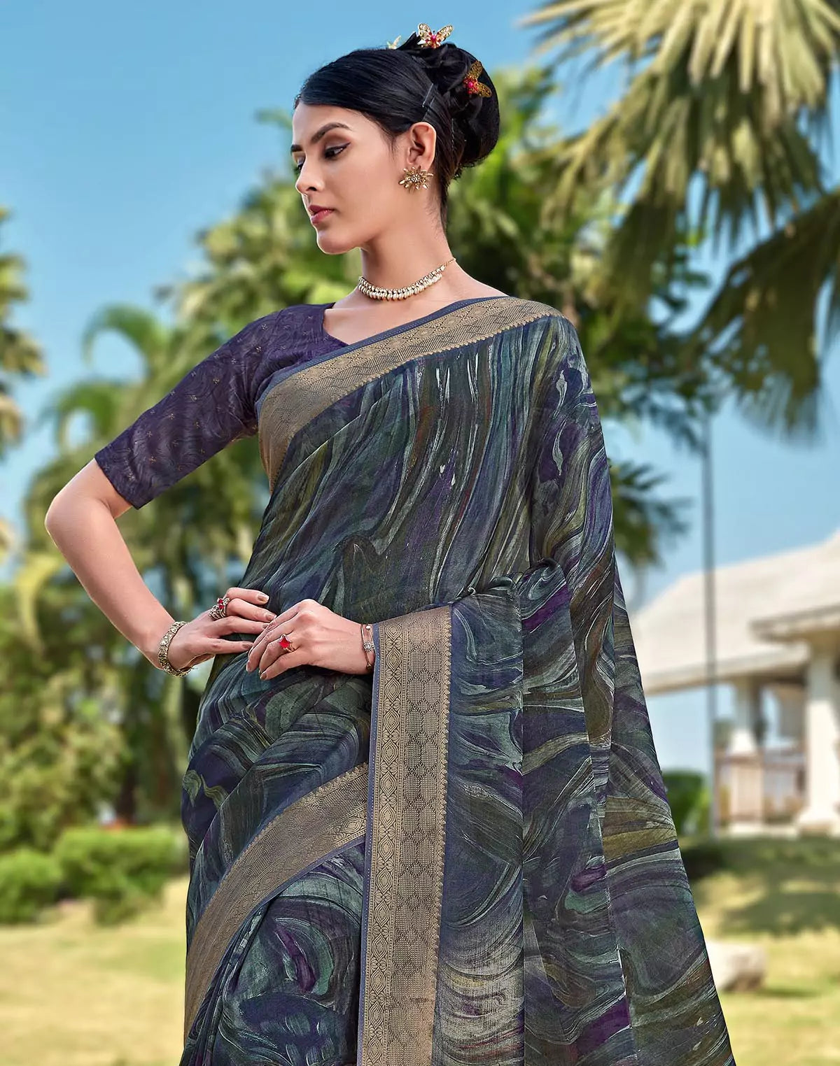 Image of Blue Graphic design Dola Silk Saree
