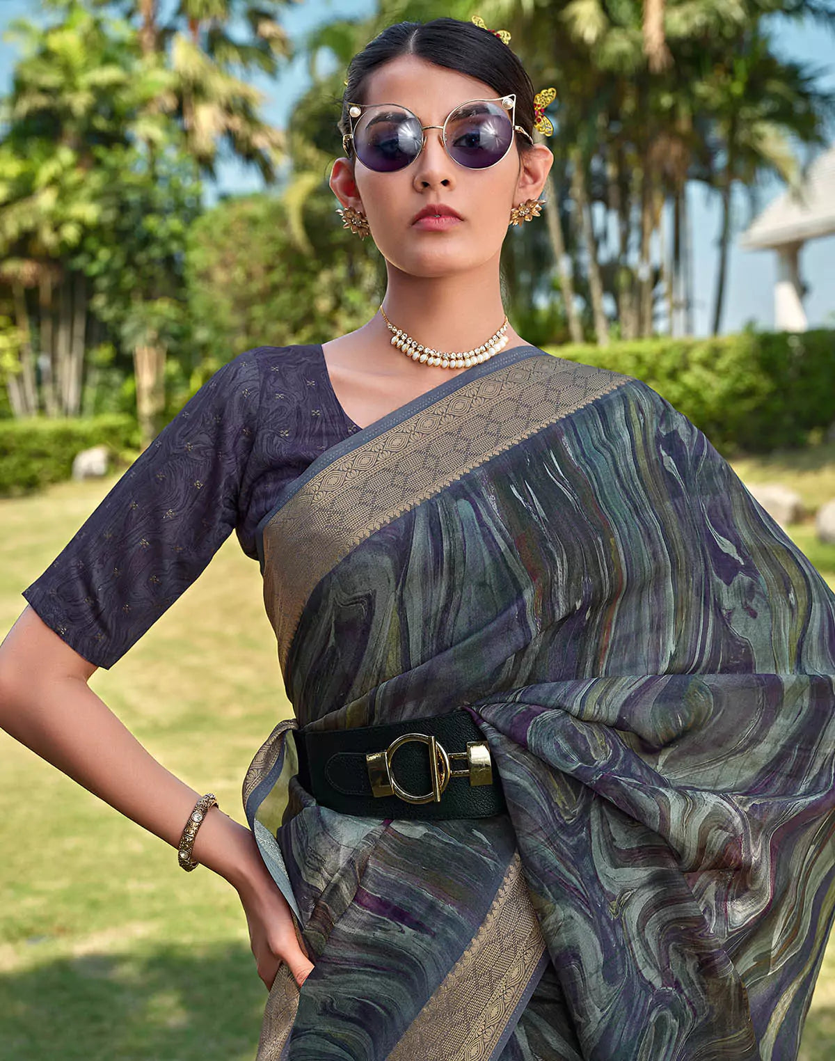 Image of Blue Graphic design Dola Silk Saree