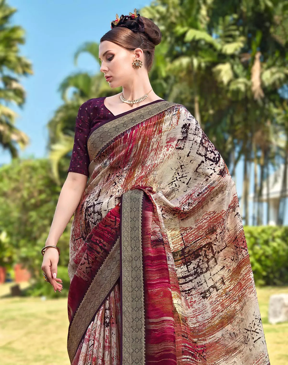 Image of Maroon Graphic Print Dola Silk Saree