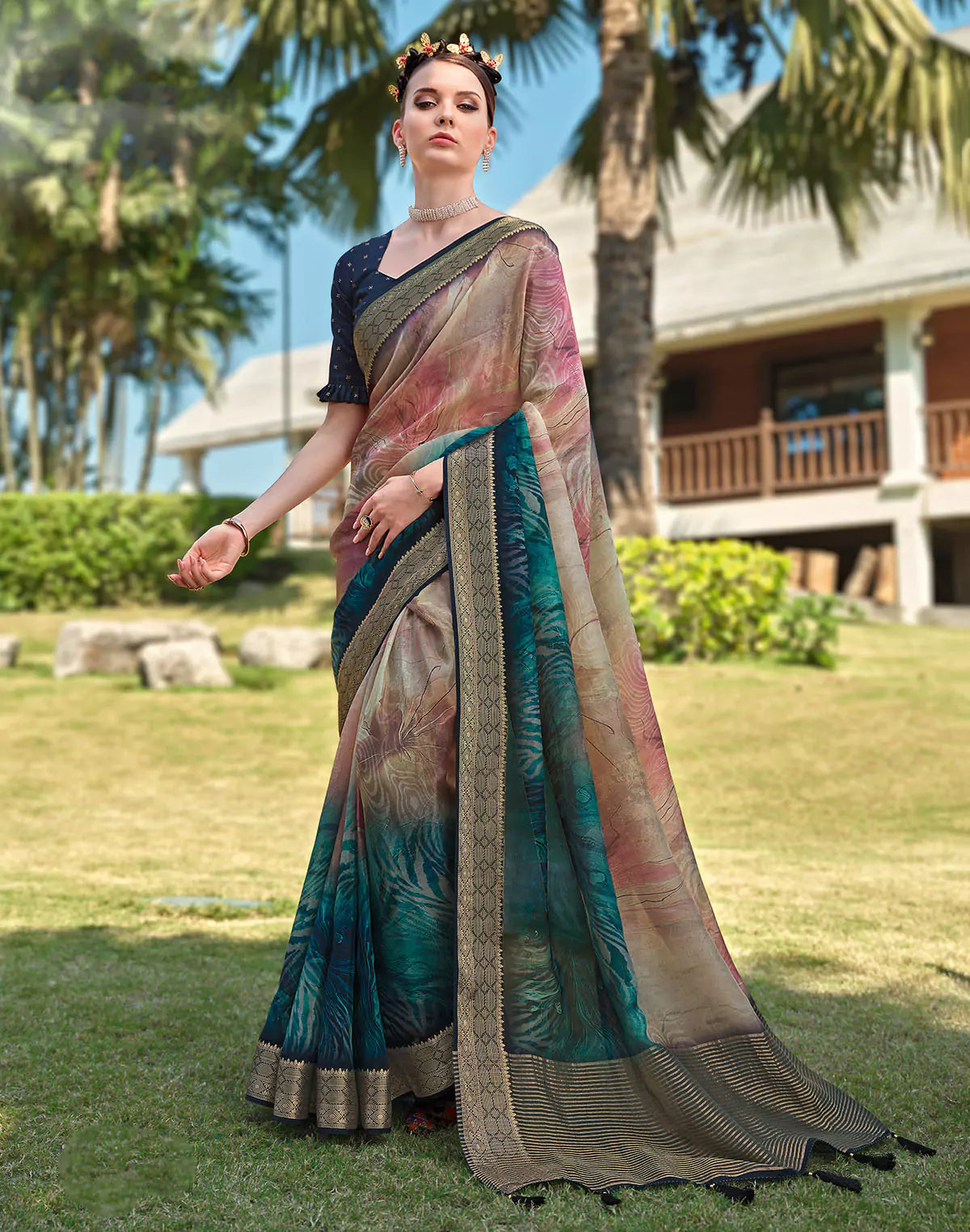Image of Graphic design smooth Dola Silk Beige Saree