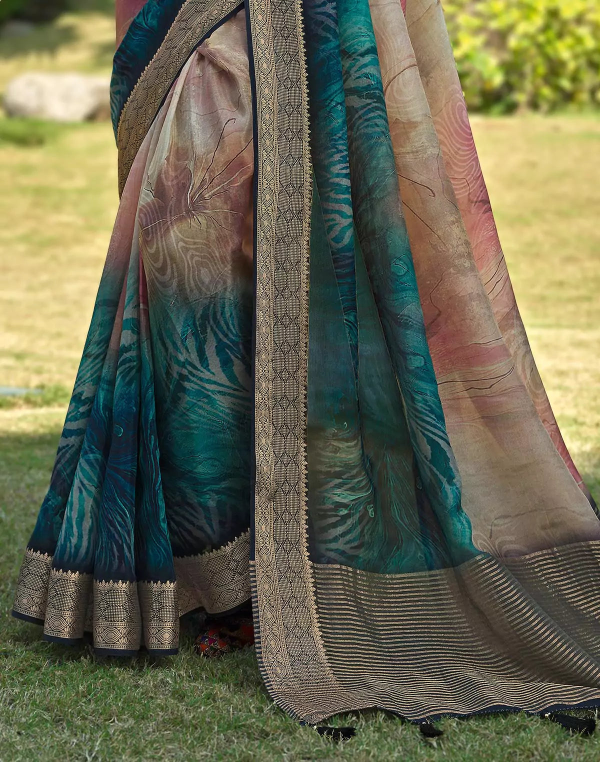 Image of Graphic design smooth Dola Silk Beige Saree